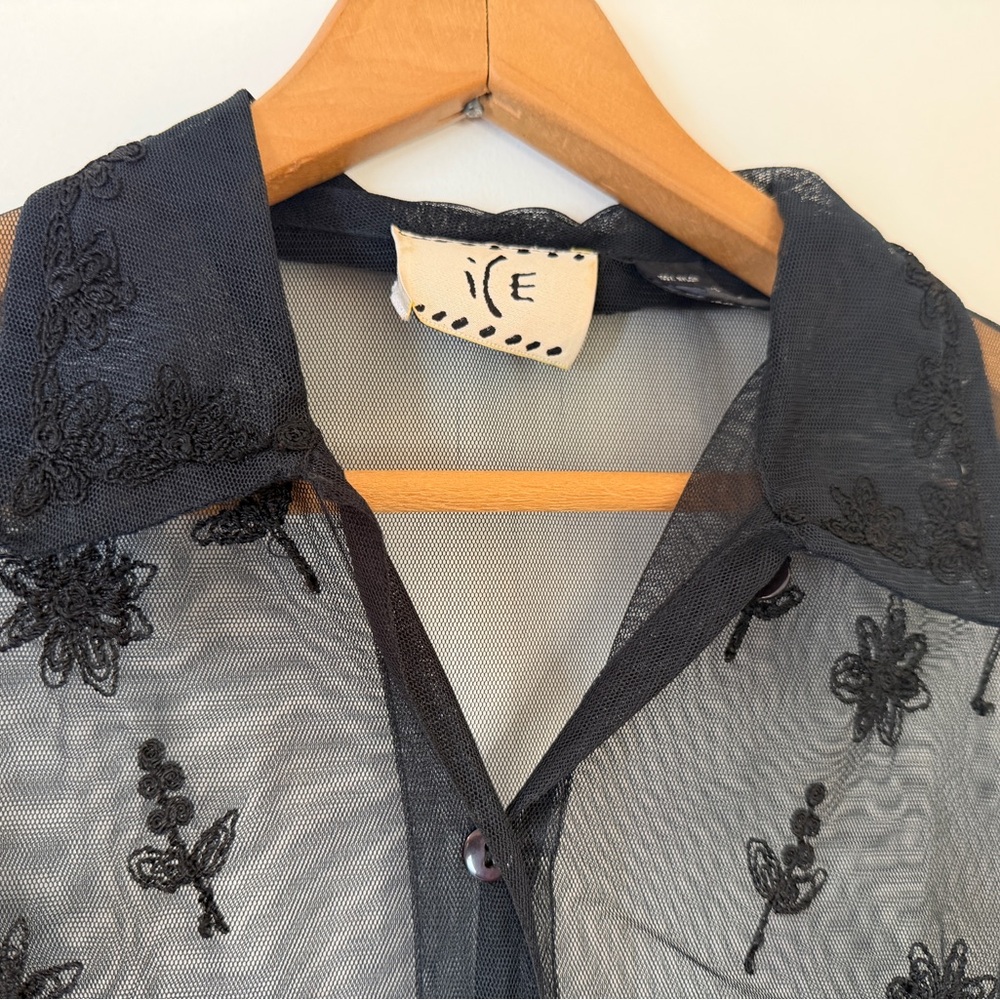 Vintage Sheer Black Embroidered Button Up Shirt Small Y2K Whimsigoth Mesh Floral - Picture 3 of 7